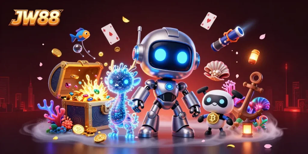 Play thrilling games at JW88 with vibrant illustrations showcasing exciting elements of gambling.