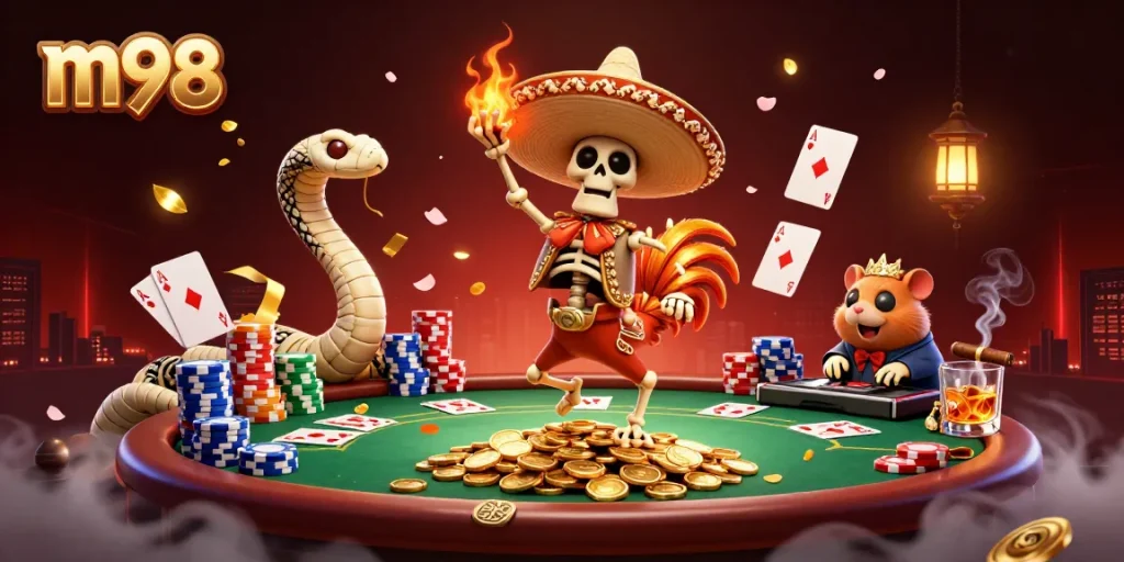 Celebrate winnings with m98's vibrant casino scene featuring a skeleton mariachi rooster and poker elements.