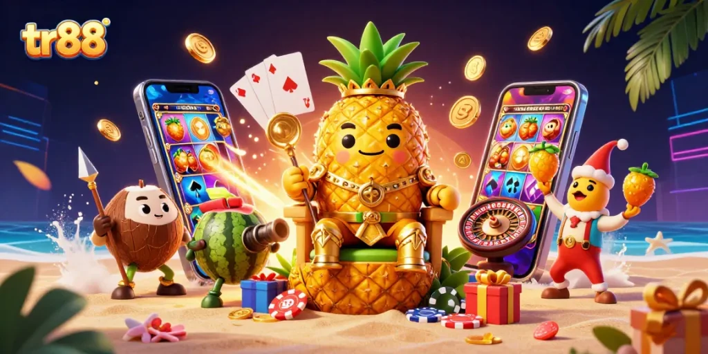 Engage with tr88 casino games in a vibrant 3D illustration featuring a golden pineapple king and friends.