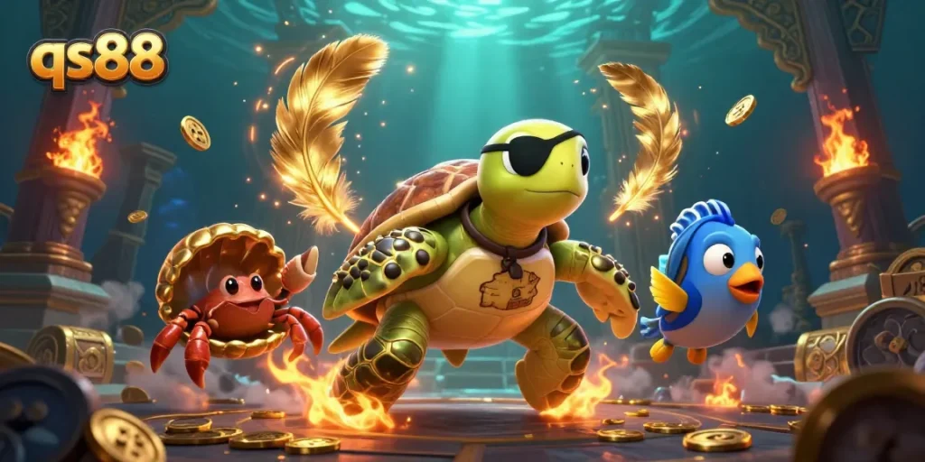 Experience the excitement of qs88 online casino with this vibrant underwater illustration featuring gaming elements.