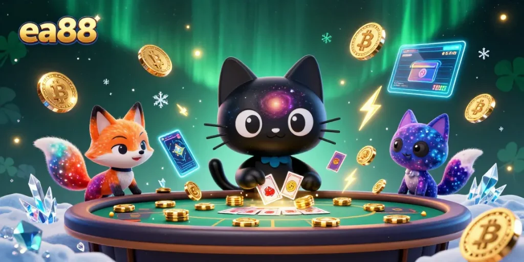 ea88 offers an exciting cosmic casino experience with a black hole cat and colorful fox. Win magical prizes!