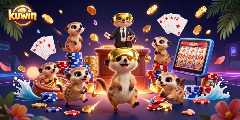 Kuwin meerkats orchestrating an action-packed casino scene with vibrant colors and dynamic gaming elements