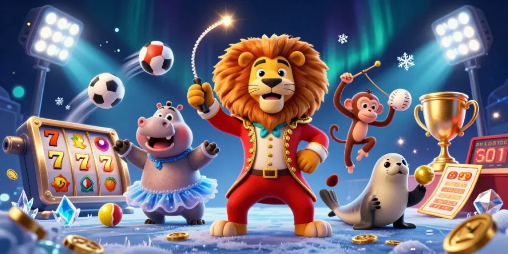 Experience the thrill of gambling with 88vbet in this vibrant illustration featuring a lion ringmaster and casino elements.