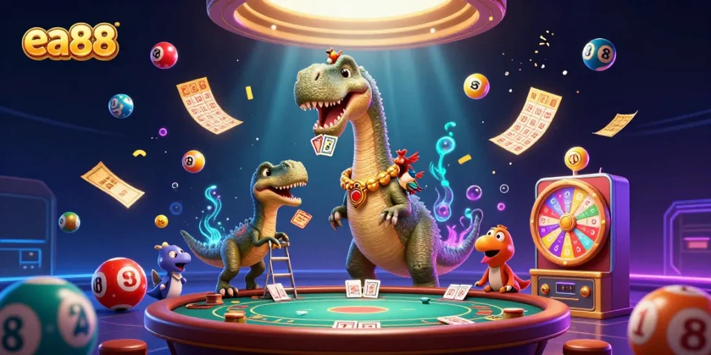 ea88 engages players with vibrant lottery elements and dynamic casino characters in a lively illustration.