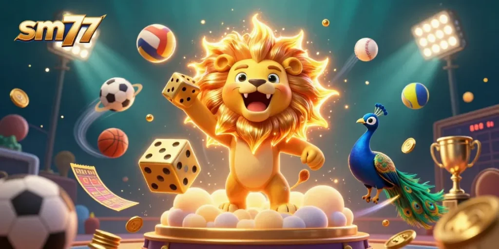 Experience thrilling gaming action with sm77, featuring a roaring sun lion and dynamic sports elements.