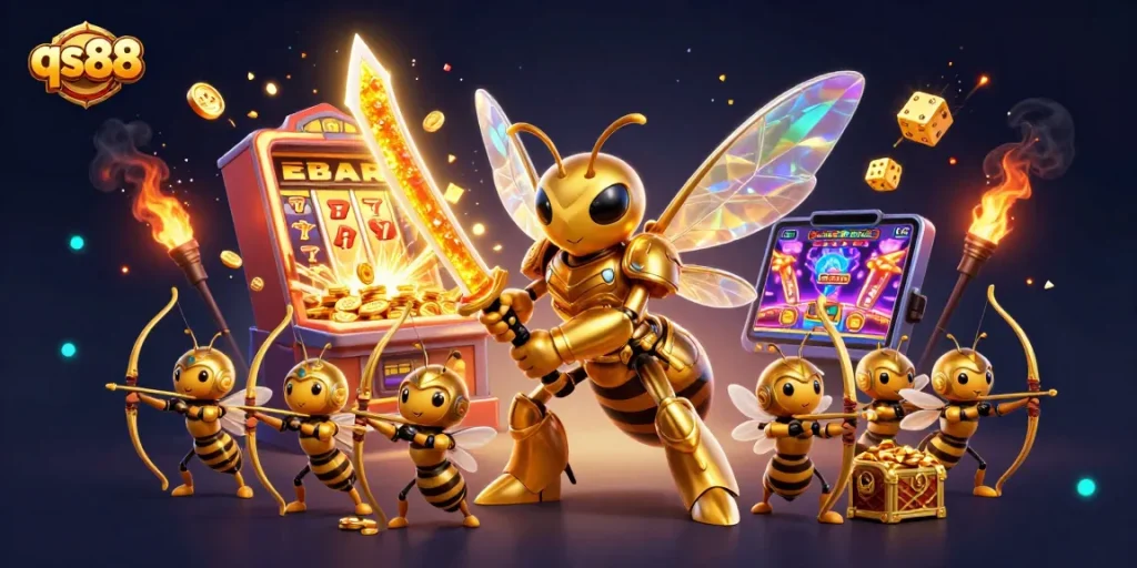 qs88 casino features a golden samurai bee and archers amidst a vibrant jackpot celebration