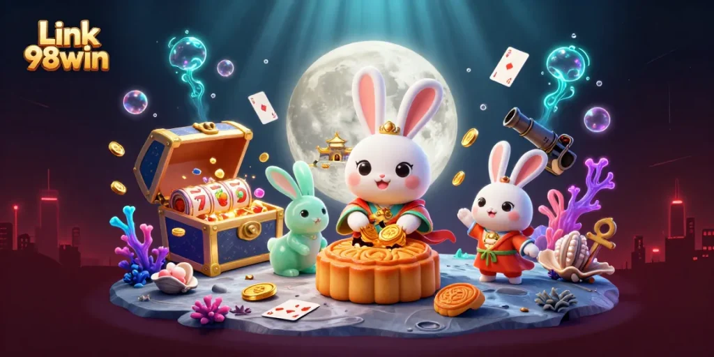 Play and win at Link 98win with a vibrant casino scene featuring a moon rabbit and thrilling gaming elements.