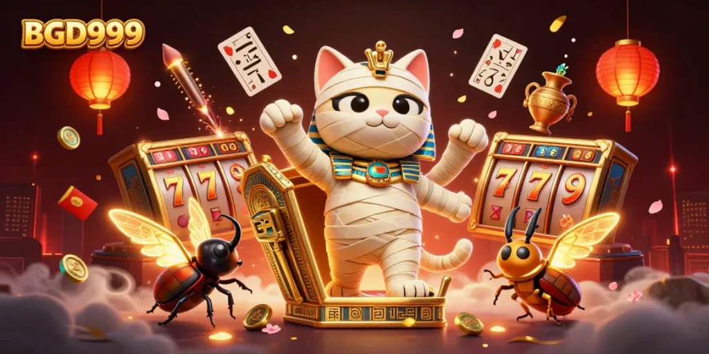 Experience the excitement of BGD999 with a dynamic casino scene featuring an Egyptian mummy cat and gaming elements.