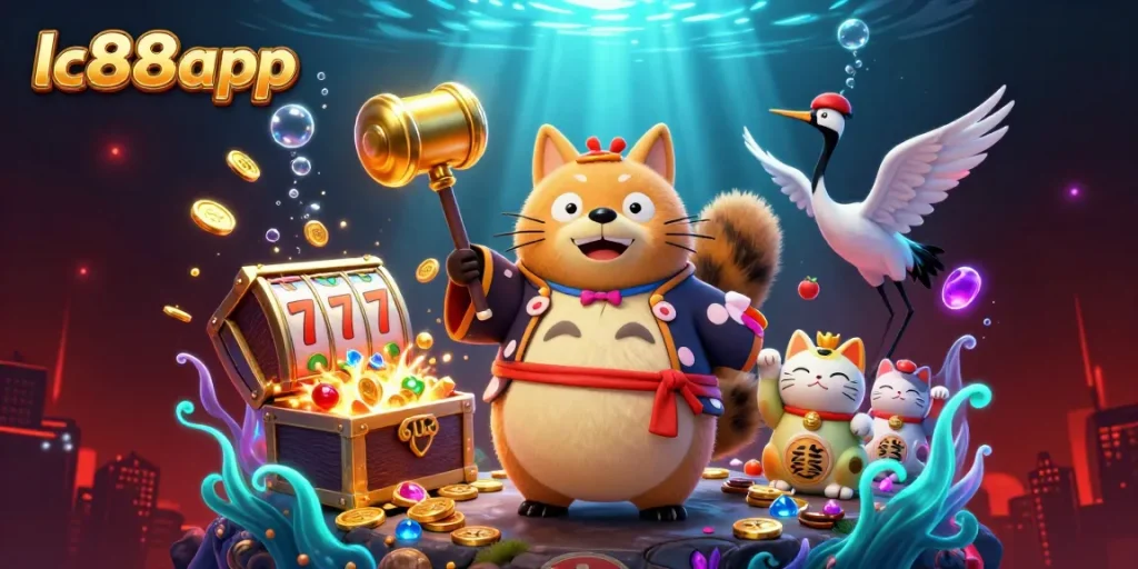 Experience thrilling slots and jackpots with lc88app in a vibrant underwater casino scene.
