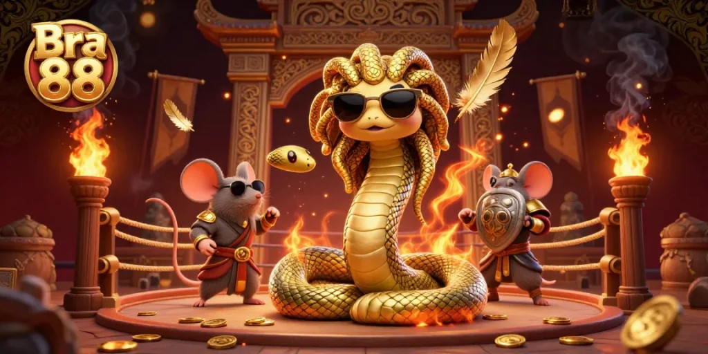 Engage with the thrilling Bra 88 experience through this dynamic illustration featuring Medusa and a warrior mouse in a vibrant casino atmosphere.