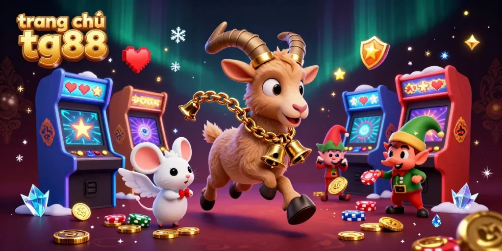 Experience the vibrant, exciting vibe of trang chủ tg88 at a festive casino illustration featuring characters engaged in gaming activities amidst colorful machines and sparkling effects.