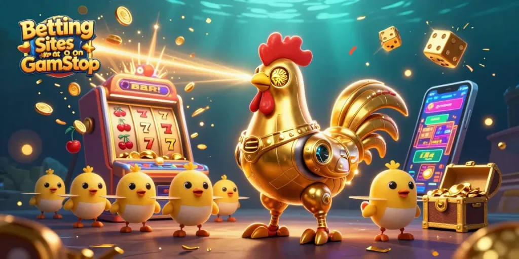 Experience thrilling moments at Betting Sites Not On GamStop with our golden rooster robot and baby chick drones.