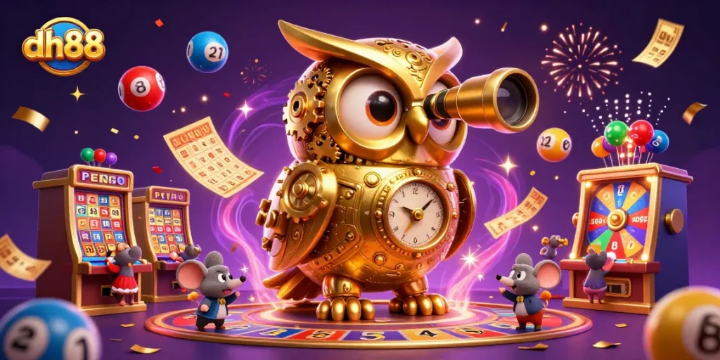 Enjoy exciting gameplay at dh88 with a vibrant casino scene featuring a clockwork owl and lottery elements.