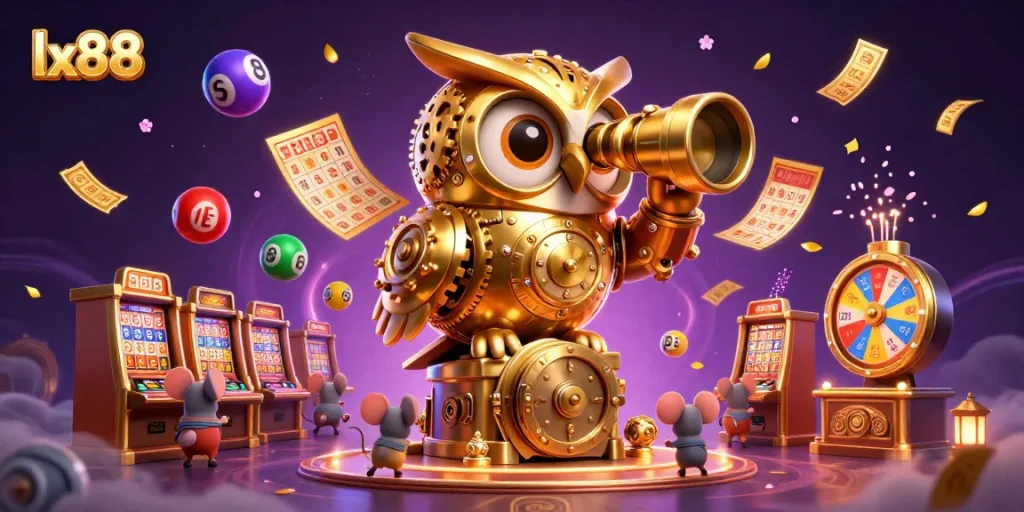 Experience the thrill of gaming at lx88 with a dynamic owl and colorful lottery elements in a vibrant casino scene.