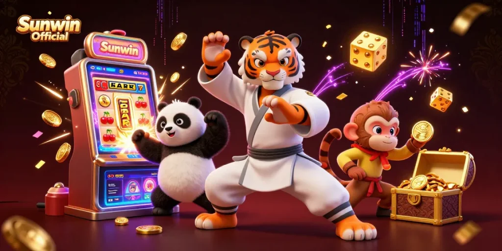 Experience excitement with Sunwin Official as a kung fu tiger, panda, and monkey celebrate a jackpot in a vibrant casino.