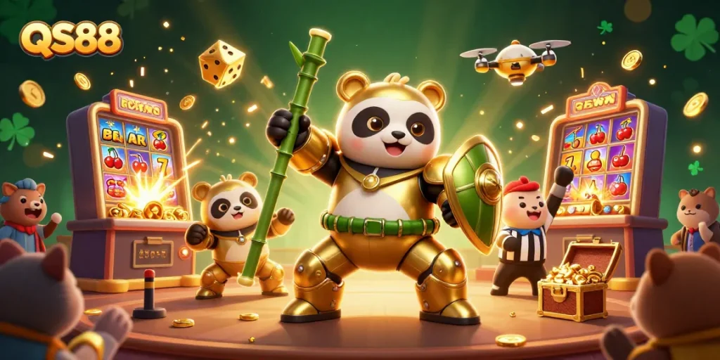 Experience thrilling gaming adventures with QS88 as a golden panda battles in a vibrant casino arena.