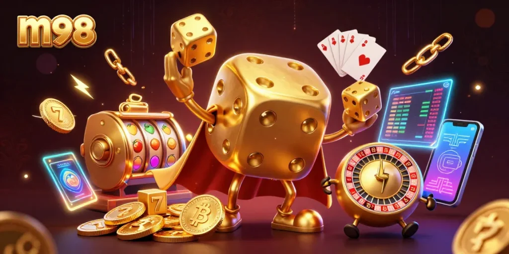 Engage in dynamic m98 slot games with vibrant golden characters and rich casino elements.