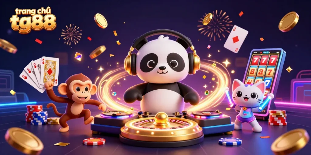 Engage with the vibrant energy of trang chủ tg88, showcasing three animated characters enjoying a lively casino scene filled with excitement.