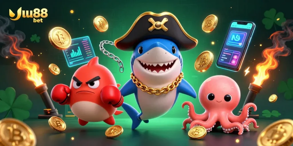 Engage in winning strategies at uu88 bet with our vibrant casino gaming scene featuring unique characters and crypto elements.