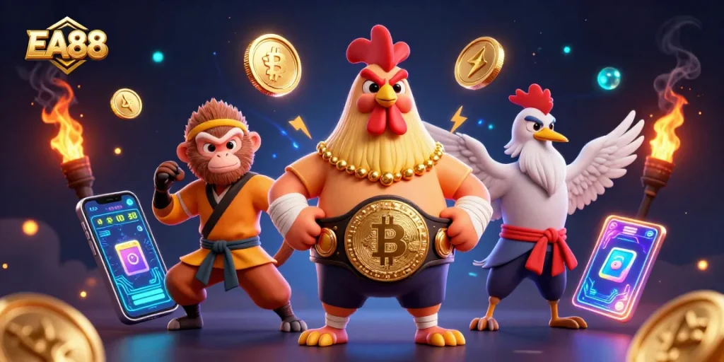 Experience thrilling gaming action with EA88 featuring a fierce Muay Thai rooster, a Shaolin monkey, and a wise crane master.