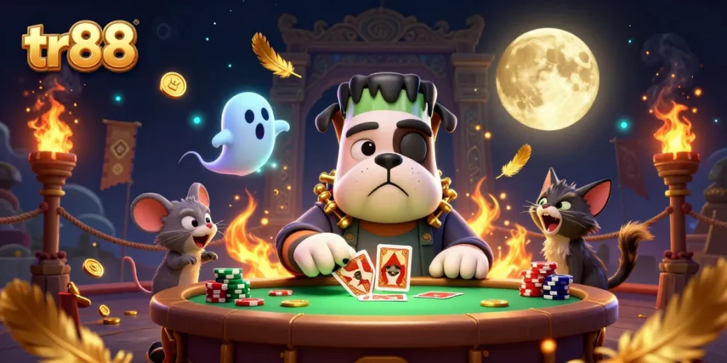 Experience vibrant thrills at tr88 with a cartoon bulldog dealer amidst ghostly chips and dynamic game elements.