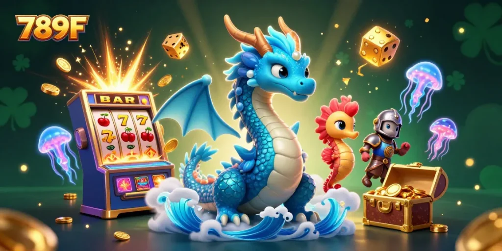 Engage with the thrilling world of 789F, featuring a vibrant dragon and seahorse amid jackpot excitement.
