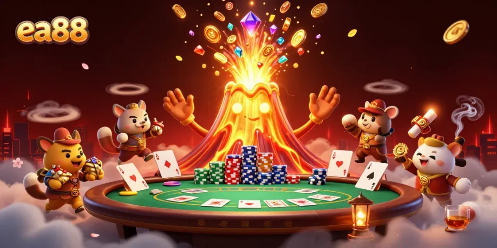 Experience the excitement of ea88 casino with a golden volcano erupting treasures in 3D.