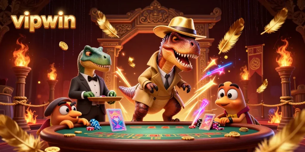 Watch the velociraptor card counter in action at vipwin's blackjack table, poised among gold and excitement!