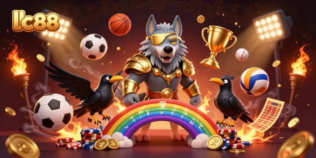 Experience lc88's thrilling world of online gaming with a stunning Norse-inspired casino scene featuring dynamic characters and gaming elements.
