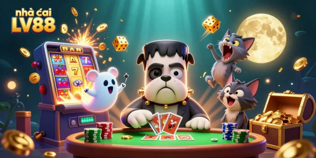 Engage in thrilling gameplay at nhà cái LV88 with an illustration of a fun 3D casino scene.