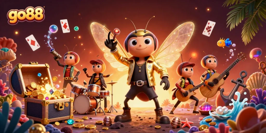 Engage with go88's vibrant casino adventure featuring a cicada rock star and drumming beetle.