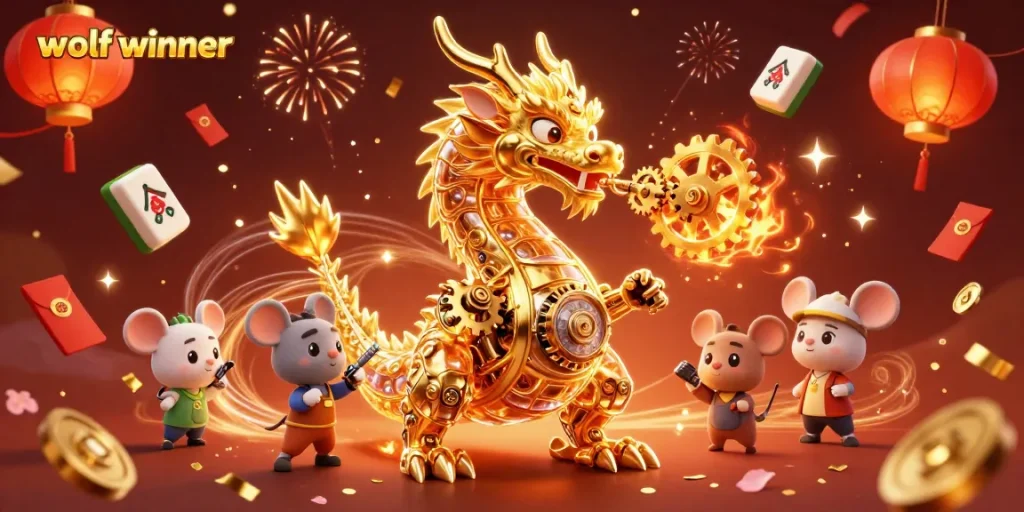 wolfwinner captures excitement with a golden dragon and festive casino elements in 3D illustration.