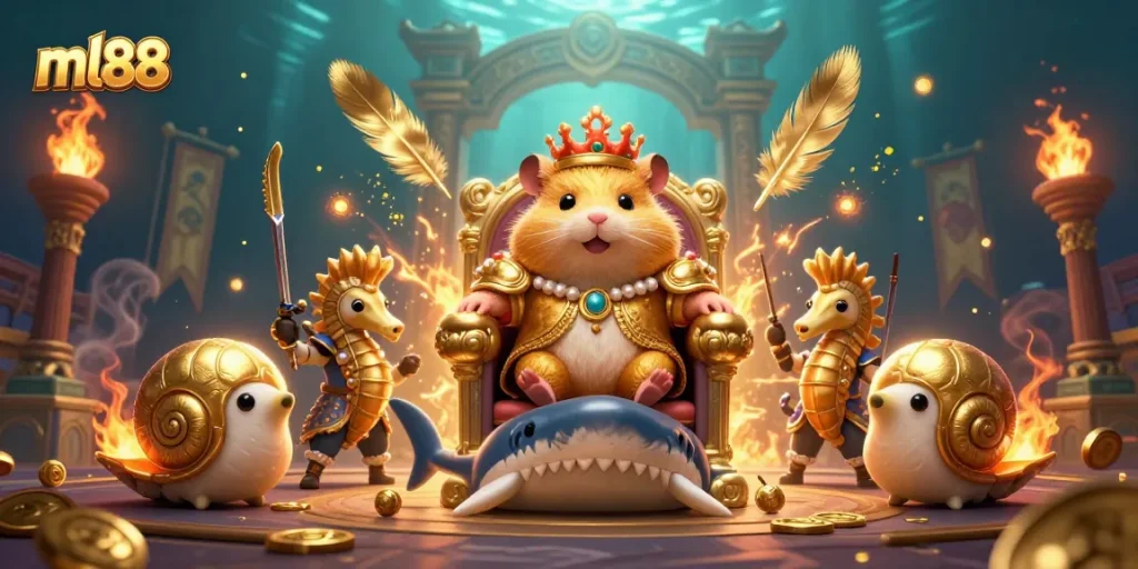 Experience thrilling gaming action at ml88 with a golden hamster king on a megalodon shark tooth throne surrounded by treasures.