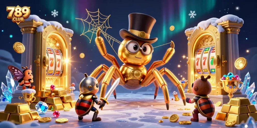 Engaging 789CLUB gaming scene illustrating a golden tarantula weaving a web among slot reels and treasures.