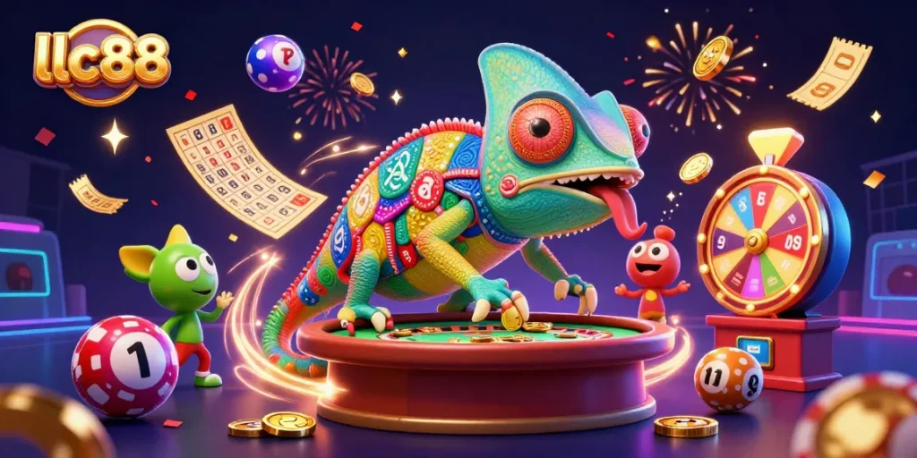 Experience lclc88's vibrant gaming world with dynamic chameleon owner amidst colorful gambling elements.
