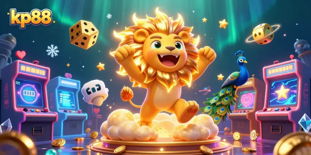 Engage with KP88, where a 3D lion and golden dice create a winning atmosphere in casino gaming.