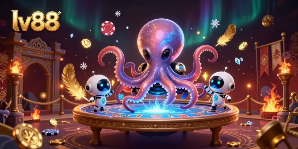 Bet on thrilling games at lv88, featuring an alien octopus and poker chips in a vibrant casino scene.