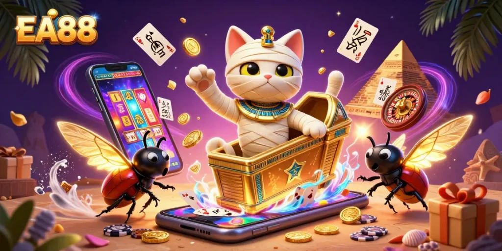 Experience EA88's thrilling games with the Egyptian mummy cat in a dazzling casino scene.