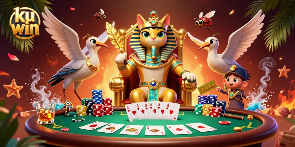 Engage in immersive poker gameplay with ku win, featuring a cartoon pharaoh cat and vibrant casino elements.