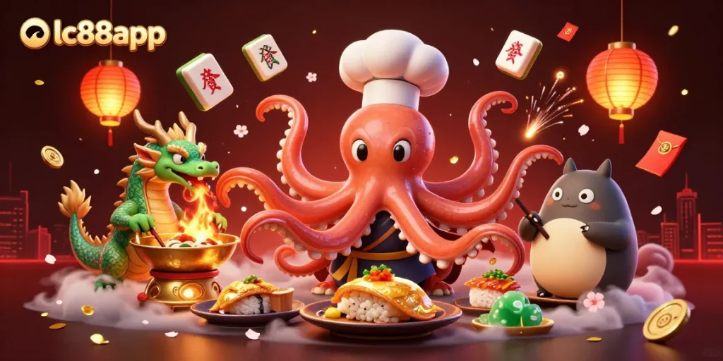 The lc88app features vibrant 3D characters including a sushi chef octopus and dragon in an engaging casino scene.