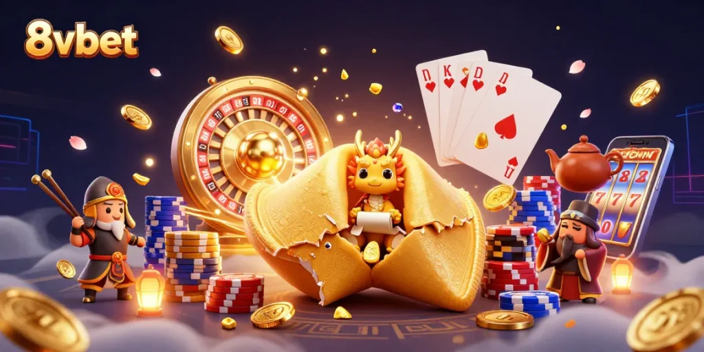 Experience 8vbet's exciting casino world with dynamic elements, gold coins, and unique characters.