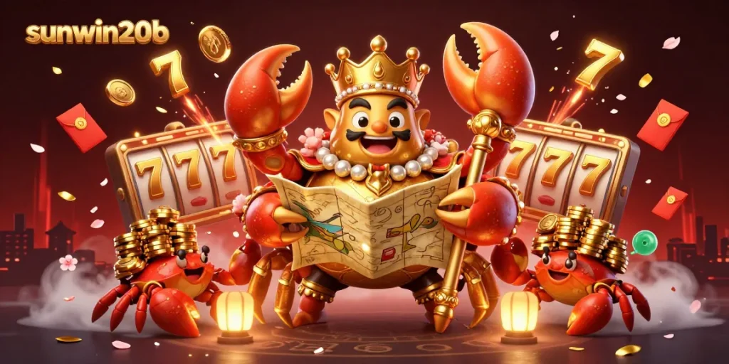 Engage in thrilling gameplay at sunwin20b with a detailed illustration of a golden crab emperor and casino elements.