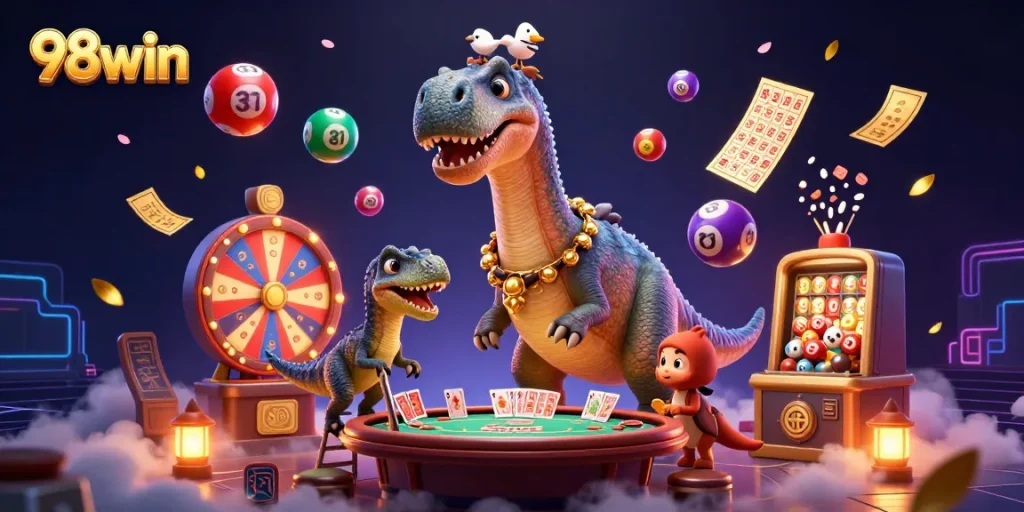 98win brings excitement with a giant brontosaurus and a clever raptor at a lively casino table.