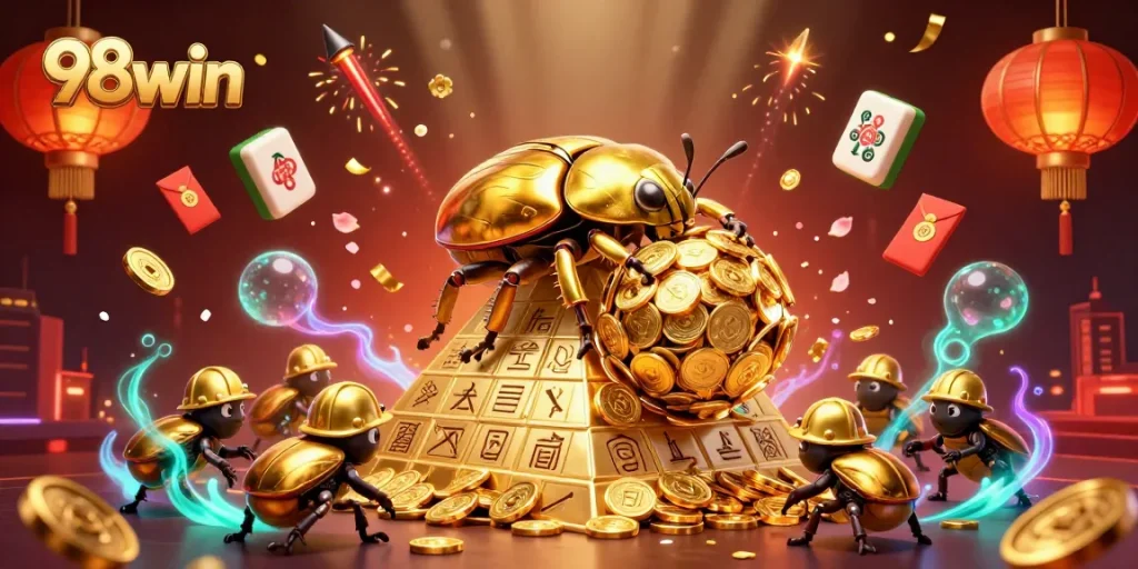 Engage with 98win's vibrant online casino theme featuring golden beetles and festive elements.