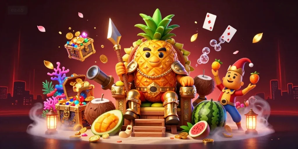 Engage in thrilling gaming moments at ea88 with a vibrant casino scene featuring a golden pineapple king, surrounded by fun elements.
