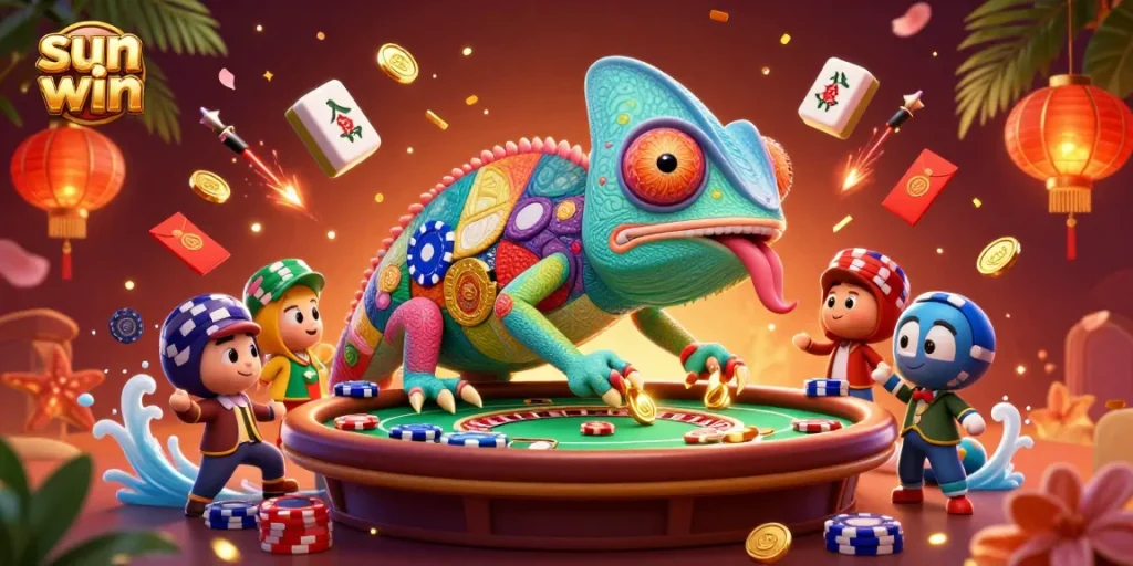 Experience the vibrant sun win casino scene with chameleon owner and festive elements.