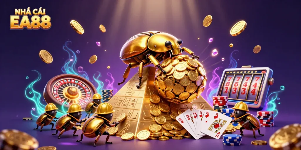 Engage with NHÀ CÁI EA88's thrilling casino experience, showcasing a vibrant 3D scene filled with golden coins and game elements.