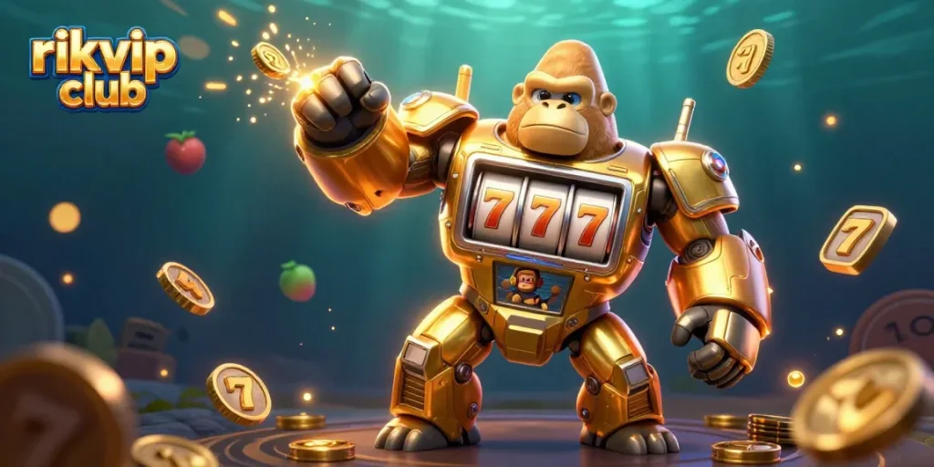 Experience the thrill of rikvip club with our dynamic 3D golden gorilla mech illustration featuring slot machine elements.