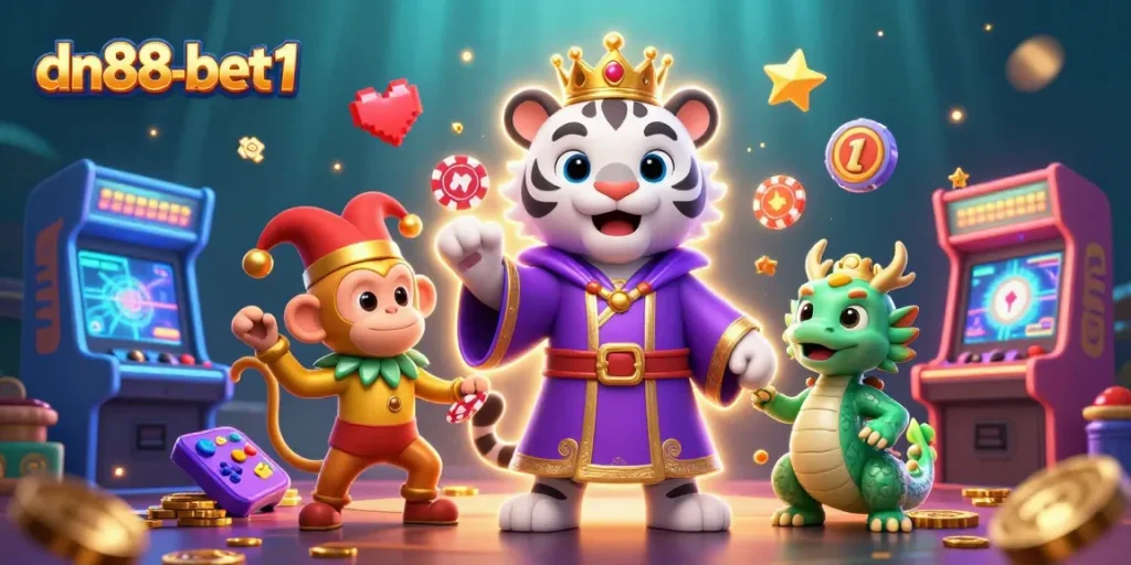 Experience exhilarating gameplay with dn88-bet1 highlighted by a fabulous cartoon scene featuring exciting casino elements.