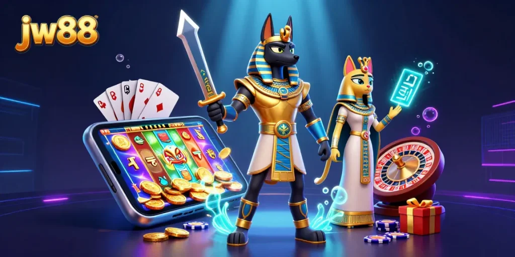 Win exciting jackpots at jw88 with Anubis and Bastet amid vibrant casino gaming elements.